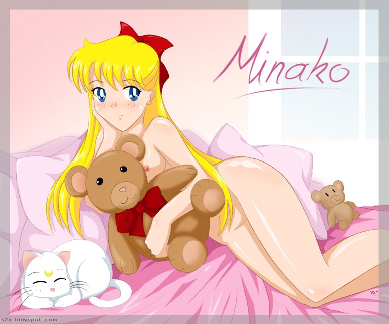 s2x, aino minako, artemis (sailor moon), bishoujo senshi sailor moon, blonde hair, blue eyes, blush, breasts, cat, nipples, nude, stuffed animal, stuffed toy, teddy bear
