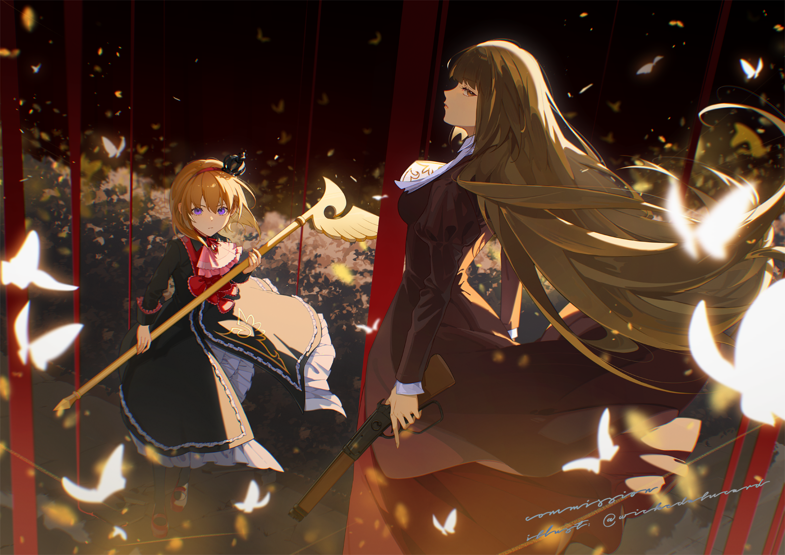 ian olympia, ushiromiya maria, ushiromiya rosa, umineko no naku koro ni, highres, 2girls, ascot, black coat, black dress, black pantyhose, blunt bangs, bow, brown eyes, brown hair, bug, butterfly, coat, crown, dress, expressionless, floating clothes, floating hair, frilled bow, frilled cuffs, frilled dress, frills, furrowed brow, gun, headband, height difference, holding, holding gun, holding staff, holding weapon, insect, lolita fashion, long hair, looking at viewer, looking back, mary janes, medium hair, mini crown, multiple girls, pantyhose, petticoat, pink ascot, profile, purple eyes, red bow, red skirt, shoes, skirt, staff, weapon