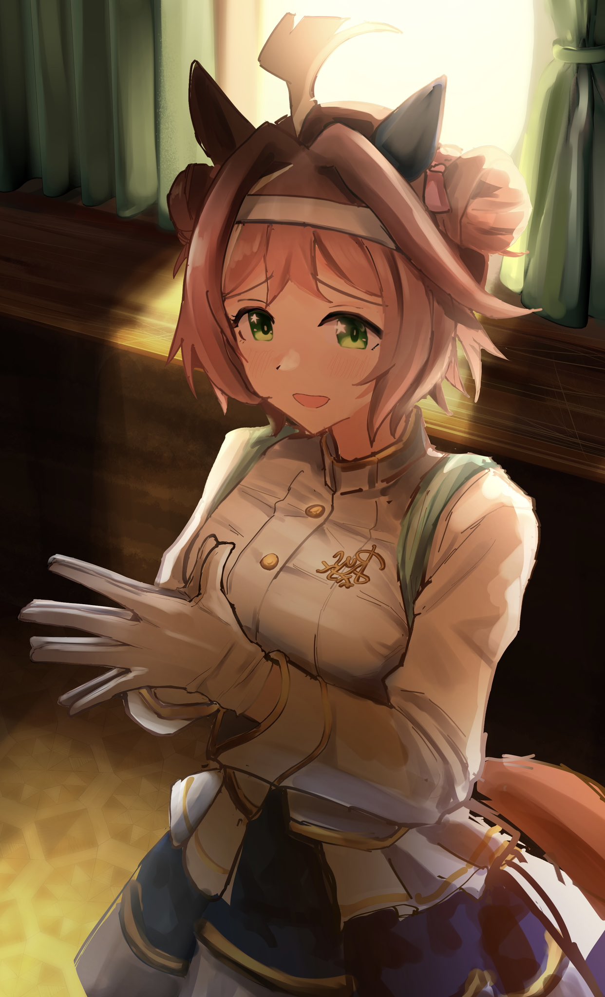 denryoku saboten, king halo (noble white cheer attire) (umamusume), king halo (umamusume), rhein kraft (umamusume), umamusume, highres, 1girl, ahoge, alternate costume, animal ears, blue skirt, breasts, brown hair, cosplay, curtains, double bun, ear covers, ear ornament, gloves, green eyes, hair between eyes, hair bun, hair ornament, hairband, horse ears, horse girl, indoors, jacket, king halo (umamusume) (cosplay), looking at viewer, medium hair, open mouth, single ear cover, skirt, smile, star (symbol), star in eye, symbol in eye, white gloves, white jacket, white skirt, window