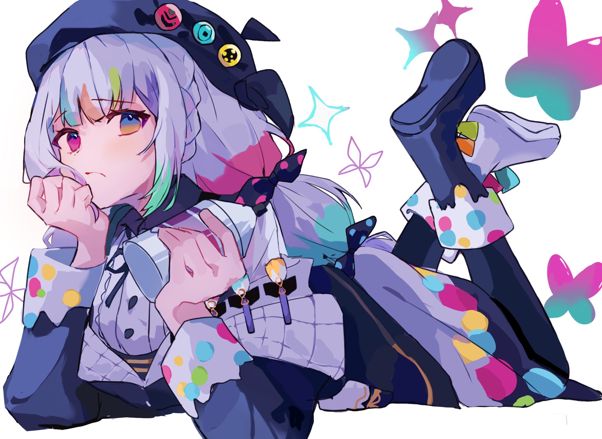 jougasaki noa, mahou shoujo no majo saiban, highres, 1girl, asymmetrical footwear, beret, black boots, black jacket, black pantyhose, black ribbon, blunt bangs, boots, bow, bug, butterfly, closed mouth, feet up, full body, hand on own cheek, hand on own face, hat, head rest, heterochromia, holding, holding spray can, insect, jacket, long hair, long sleeves, looking at viewer, lying, magical girl, mismatched footwear, mizukurage (mao 0416), multi-tied hair, multicolored hair, neck ribbon, on stomach, paintbrush, pantyhose, pink eyes, polka dot, polka dot bow, ribbon, shoe soles, solo, sparkle, spray can, streaked hair, the pose, white background, white boots, white hair, yellow eyes