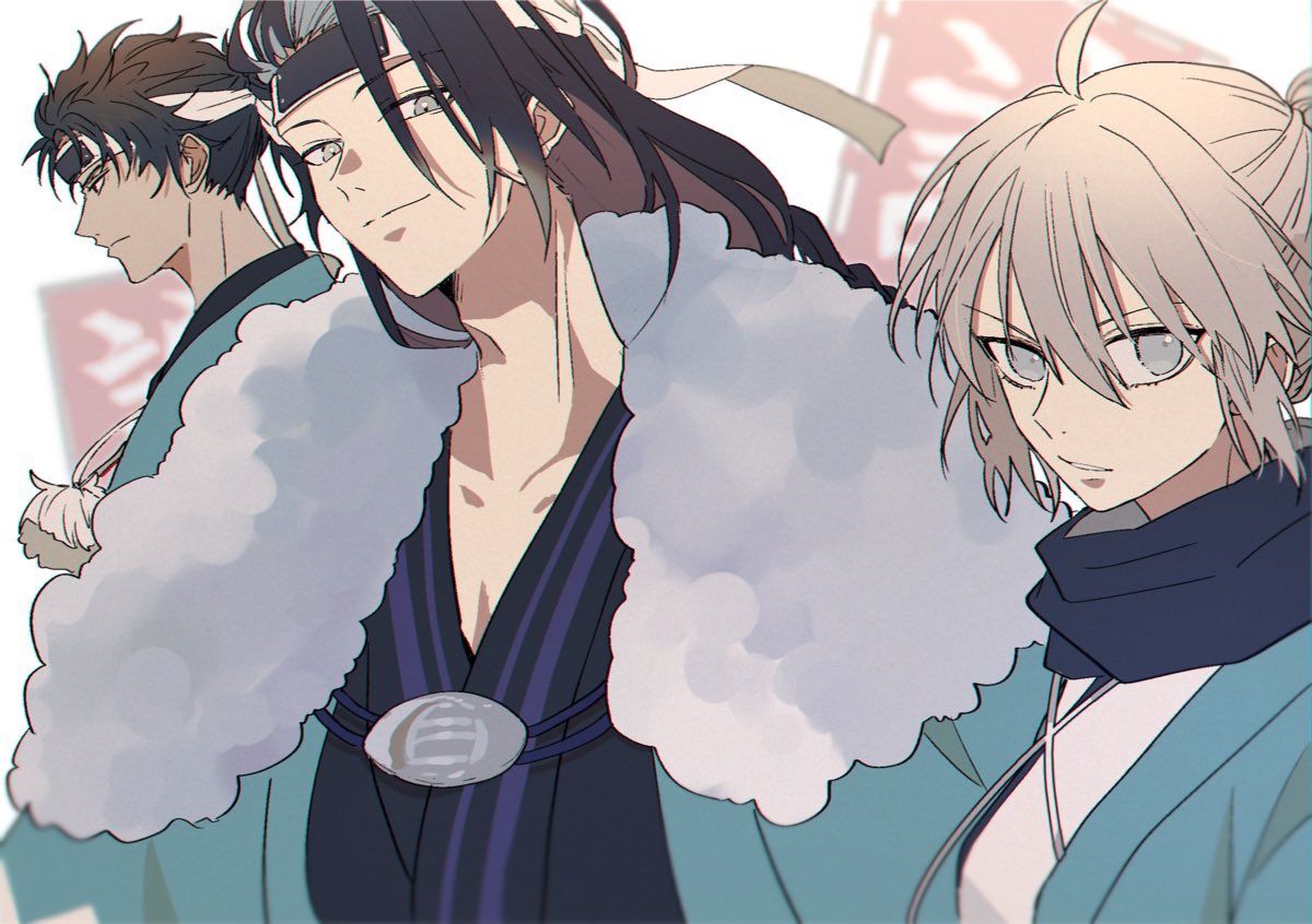 hijikata toshizou (fate), okita souji (fate), fate/grand order, fate (series), 1girl, 2boys, ahoge, black hair, blonde hair, blue haori, curtained hair, fur shawl, grey eyes, haori, headband, japanese clothes, kimono, kondou isami (fate), long hair, looking at viewer, multiple boys, noni (3dal2socks), ponytail, scarf, shawl, shinsengumi (fate), smile, upper body