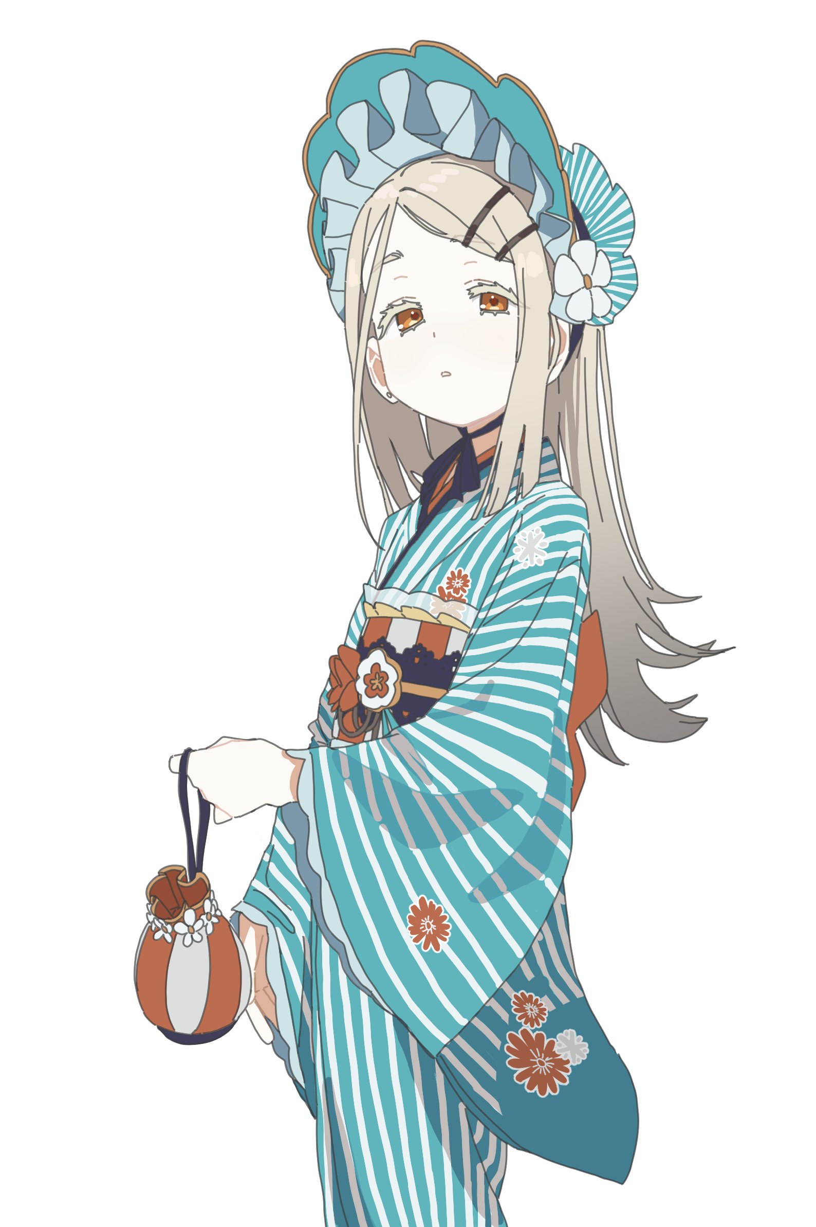 kan ppang, shinosawa hiro, gakuen idolmaster, idolmaster, highres, 1girl, aqua bonnet, aqua kimono, bag, black ribbon, blonde hair, bonnet, choker, cowboy shot, earrings, flipped hair, floral print, floral print kimono, flower, frilled bonnet, frills, gradient hair, grey hair, hair flower, hair ornament, hand up, holding, holding bag, japanese clothes, jewelry, kimono, kinchaku, long hair, long sleeves, looking at viewer, multicolored hair, obi, obiage, obijime, orange eyes, parted bangs, parted lips, pouch, print kimono, ribbon, ribbon choker, sash, simple background, solo, striped clothes, striped kimono, stud earrings, white background, white flower, wide sleeves