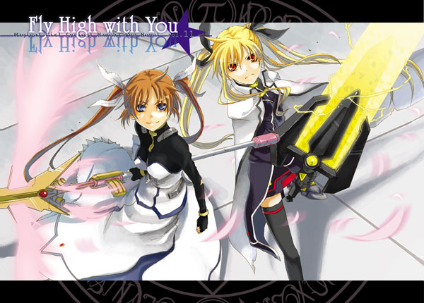 bardiche (nanoha), bardiche (zanber form) (nanoha), fate testarossa, fate testarossa (impulse form), raising heart, raising heart (exceed mode), takamachi nanoha, takamachi nanoha (exceed mode), lyrical nanoha, mahou shoujo lyrical nanoha, mahou shoujo lyrical nanoha strikers, 00s, 2girls, blonde hair, energy sword, magical girl, multiple girls, staff, sword, thighhighs, twintails, weapon