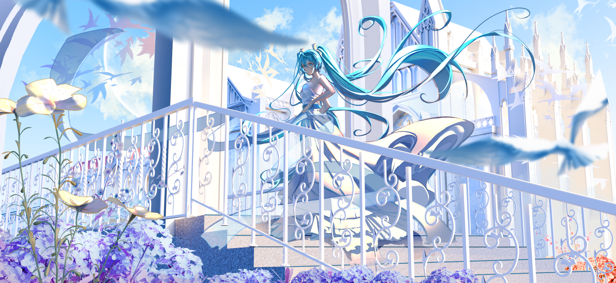 keaph, hatsune miku, vocaloid, highres, 1girl, absurdly long hair, aqua eyes, aqua hair, bare shoulders, breasts, castle, dress, flower, hair between eyes, hair ornament, long hair, medium breasts, solo, stairs, strapless, strapless dress, twintails, very long hair, white dress, white flower