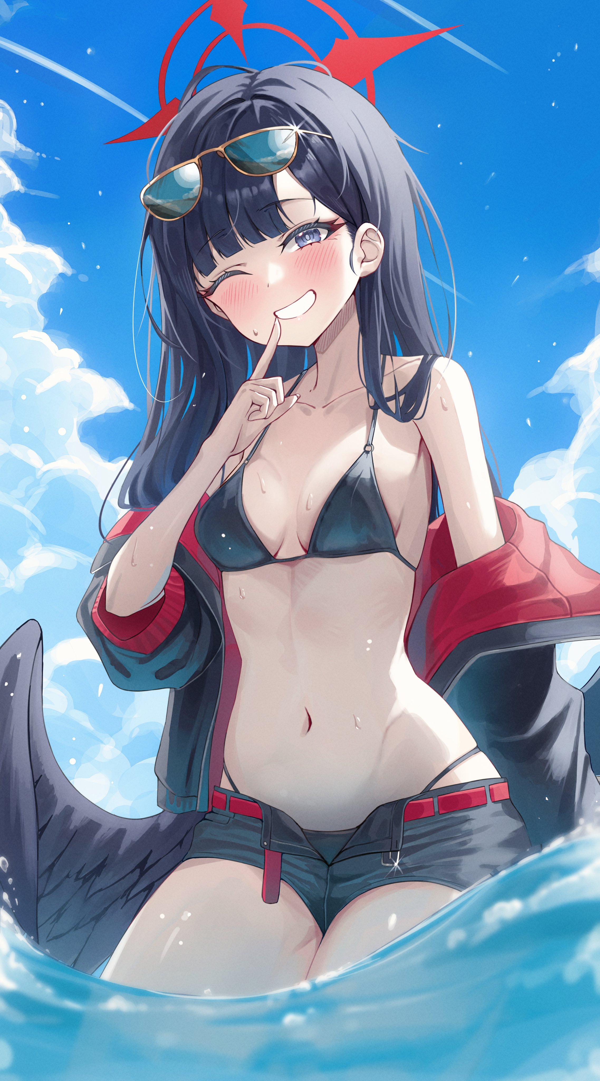 shj1998z, ichika (blue archive), ichika (swimsuit) (blue archive), blue archive, absurdres, highres, 1girl, angel wings, bare shoulders, bikini, black bikini, black hair, black jacket, black shorts, black wings, breasts, grey eyes, halo, index finger raised, jacket, navel, official alternate costume, one eye closed, red halo, shorts, small breasts, smile, solo, swimsuit, thighs, wings