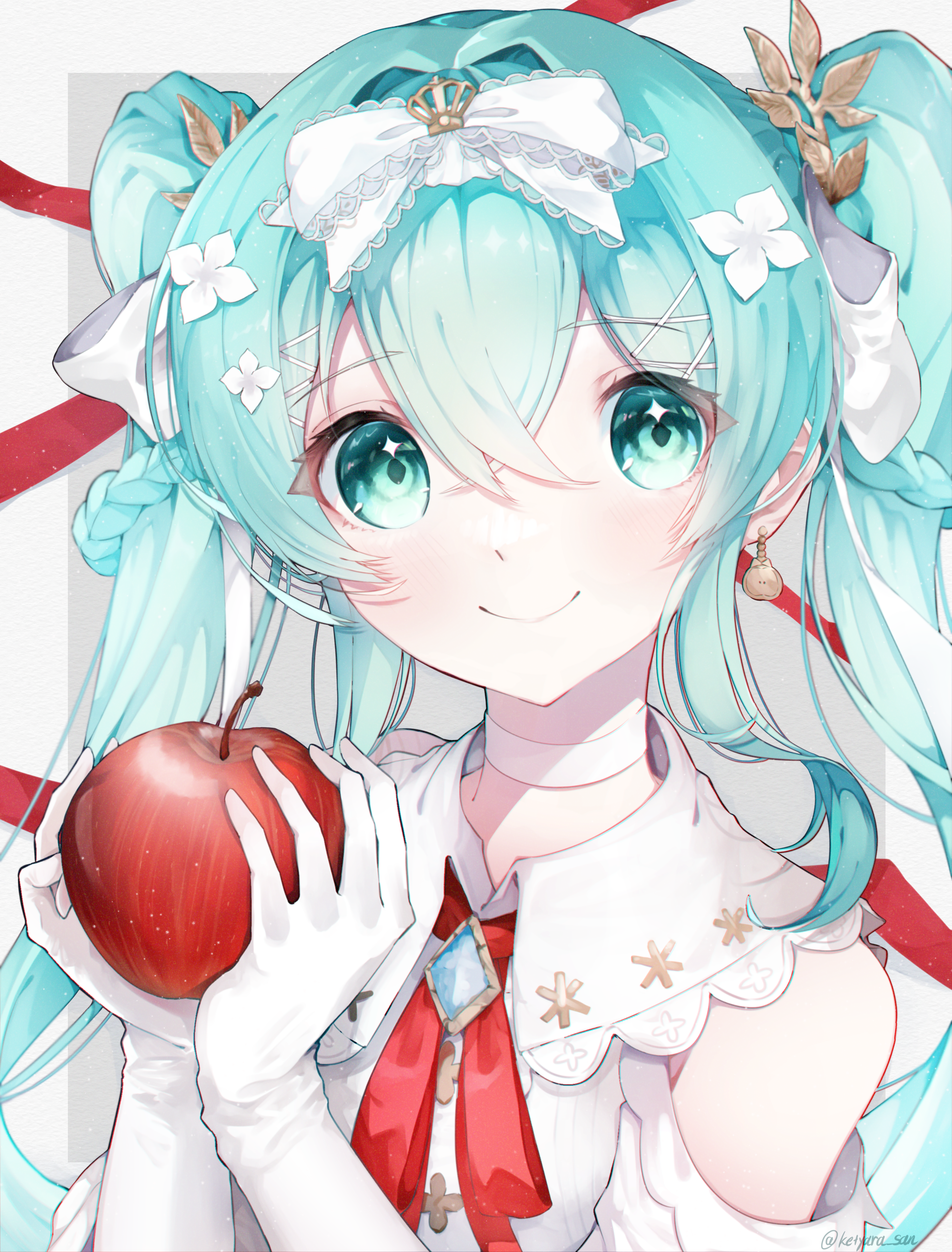 ketyara, hatsune miku, shiroi yuki no princess wa (vocaloid), vocaloid, absurdres, highres, 1girl, apple, aqua eyes, aqua hair, artist name, bow, braid, closed mouth, dress, earrings, food, fruit, gloves, hair between eyes, hair bow, hair ornament, holding, holding food, holding fruit, jewelry, light blush, long hair, looking at viewer, smile, solo, twintails, very long hair, white bow, white dress, white gloves
