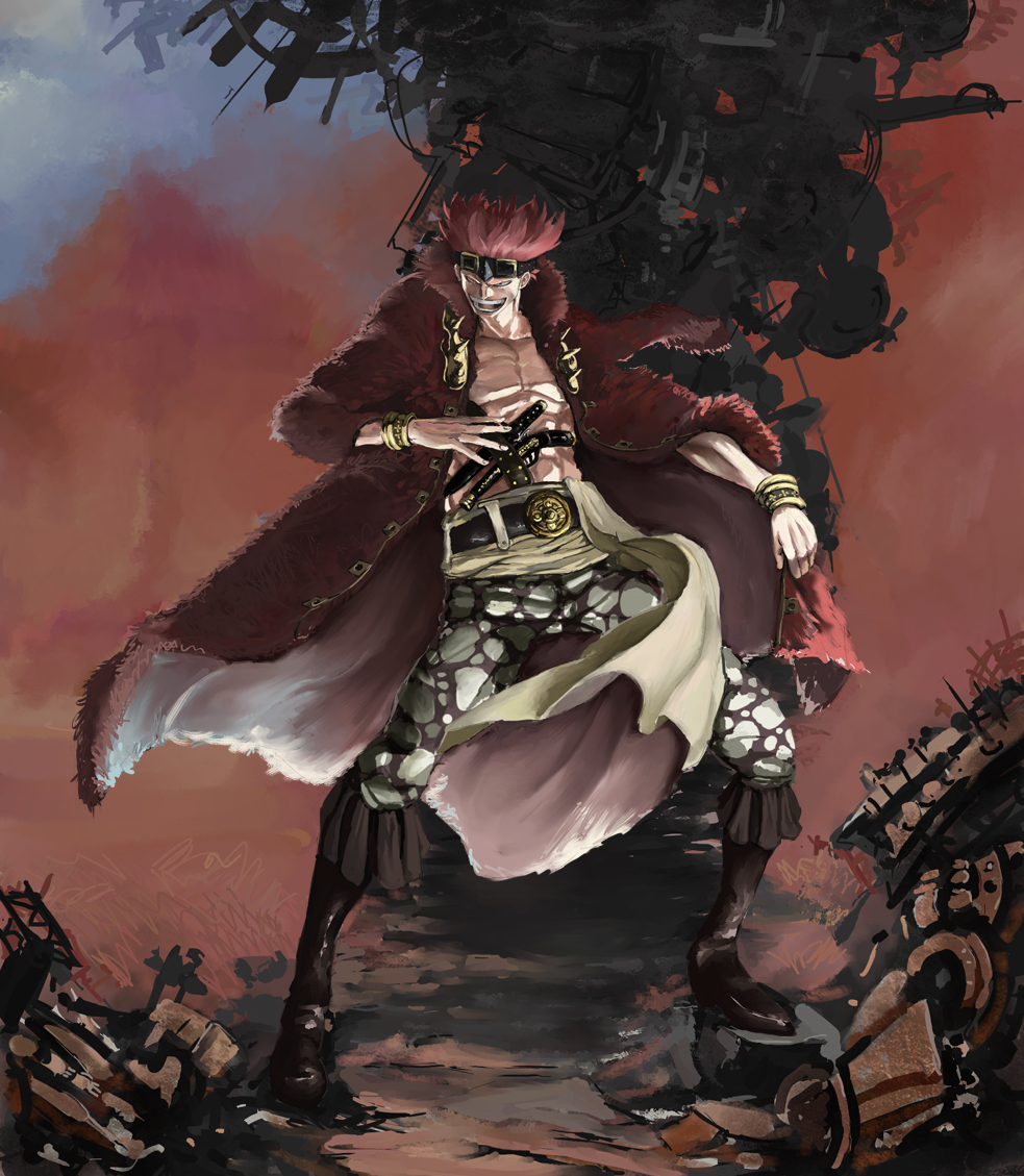 iridori, eustass kid, one piece, metal, 1boy, abs, antique firearm, bangle, belt, boots, bracelet, cannon, cape, coat, fighting stance, firearm, firelock, flintlock, fur coat, goggles, goggles on head, grin, gun, handgun, jewelry, knife, male focus, manly, muscular, open clothes, open shirt, pistol, red hair, ruins, sash, shirt, smile, smoke, solo, weapon