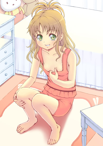 kasanui, yuuki mikan, to love-ru, 00s, 1girl, alternate hair color, barefoot, bed, bedroom, blush, breasts, brown hair, clothes pull, feet, female focus, green eyes, hair ornament, hair scrunchie, indoors, long hair, looking at viewer, no bra, peeking, scrunchie, shirt pull, shorts, sitting, small breasts, solo, toes
