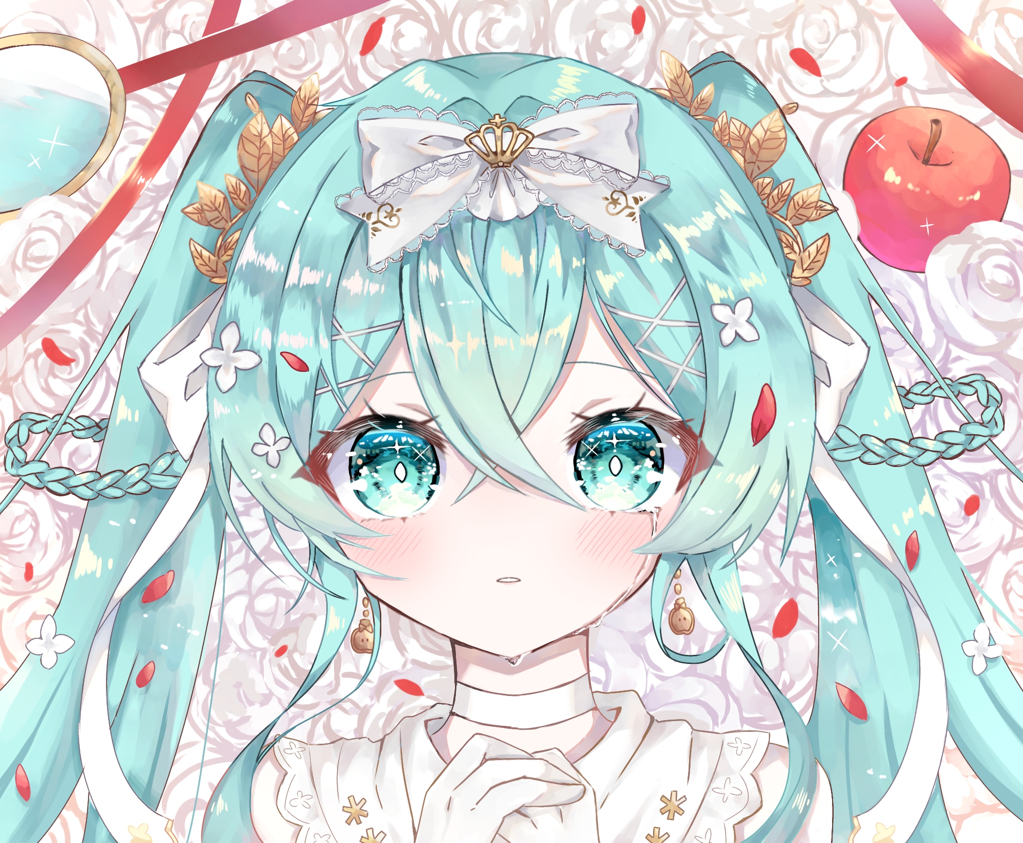 hatsune miku, shiroi yuki no princess wa (vocaloid), vocaloid, highres, 1girl, apple, aqua eyes, aqua hair, bow, braid, choker, crying, crying with eyes open, earrings, flower, food, fruit, gloves, hair between eyes, hair bow, hair ornament, jewelry, long hair, looking at viewer, mikutetolove, parted lips, rose, smile, solo, streaming tears, tears, twin braids, very long hair, white bow, white choker, white flower, white gloves, white rose