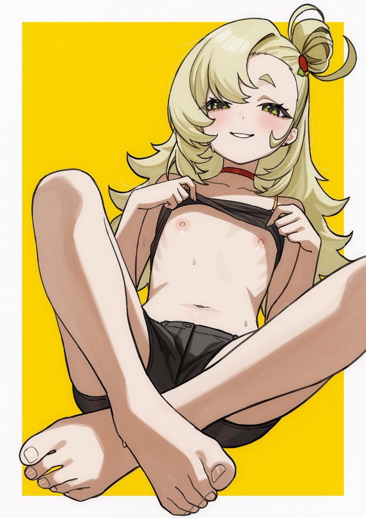 senapops, piper wheel, zenless zone zero, 1girl, bare legs, barefoot, black shorts, black tube top, blonde hair, blush, choker, clothes lift, clothes pull, crop top, crossed legs, feet, flashing, flat chest, full body, green eyes, grin, legs, lifting own clothes, long hair, looking at viewer, navel, nipples, no bra, no shoes, pulling own clothes, red choker, short shorts, shorts, simple background, sitting, smile, solo, solo focus, stomach, strapless, sweat, teeth, temporal hairline, toenails, toes, tube top