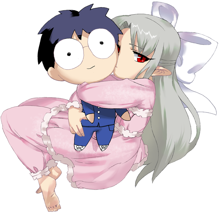 nanaya shiki, tohno shiki, white len (tsukihime), battle moon wars, melty blood, tsukihime, type-moon, silver hair, 00s, barefoot, black hair, character doll, doll, glasses, hug, kiss, long hair, pajamas, pointy ears, red eyes, ribbon, smile, transparent background