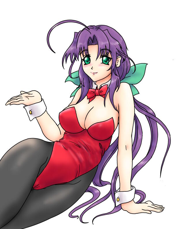 d98, aoi sakura, tsuma shibori, tsumamigui (series), derivative work, jpeg artifacts, 1girl, ahoge, bow, bowtie, breasts, cleavage, female focus, green eyes, large breasts, leotard, long hair, pantyhose, playboy bunny, purple hair, red leotard, solo, wrist cuffs