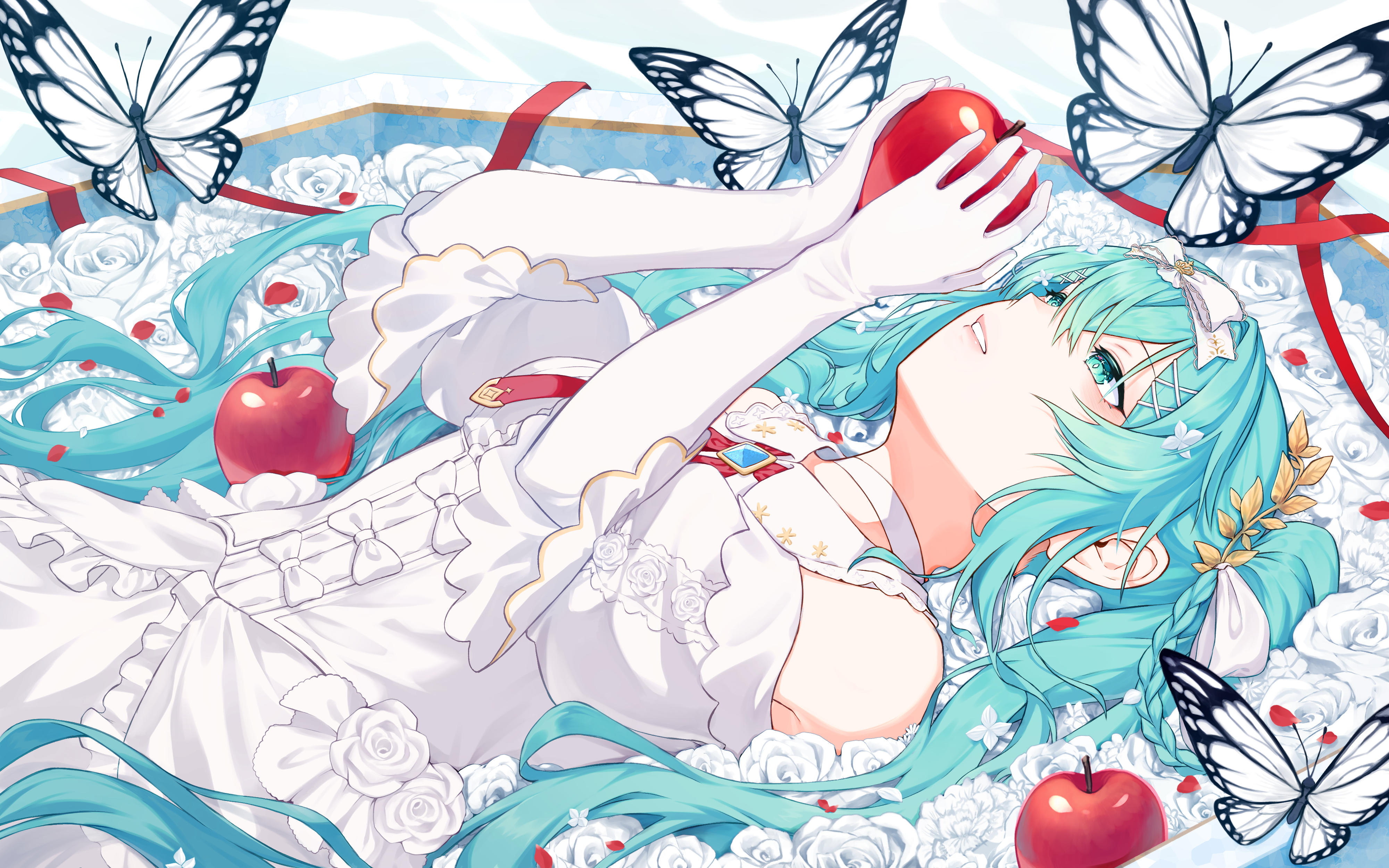 gomimusi go go, hatsune miku, shiroi yuki no princess wa (vocaloid), vocaloid, absurdres, highres, 1girl, apple, aqua eyes, aqua hair, bare shoulders, bow, braid, bug, butterfly, choker, dress, elbow gloves, flower, food, fruit, gloves, hair between eyes, hair bow, hair ornament, hairclip, holding, holding food, holding fruit, insect, leaf hair ornament, long hair, lying, on back, parted lips, red ribbon, ribbon, rose, sleeveless, sleeveless dress, solo, twintails, very long hair, white bow, white butterfly, white choker, white dress, white flower, white gloves