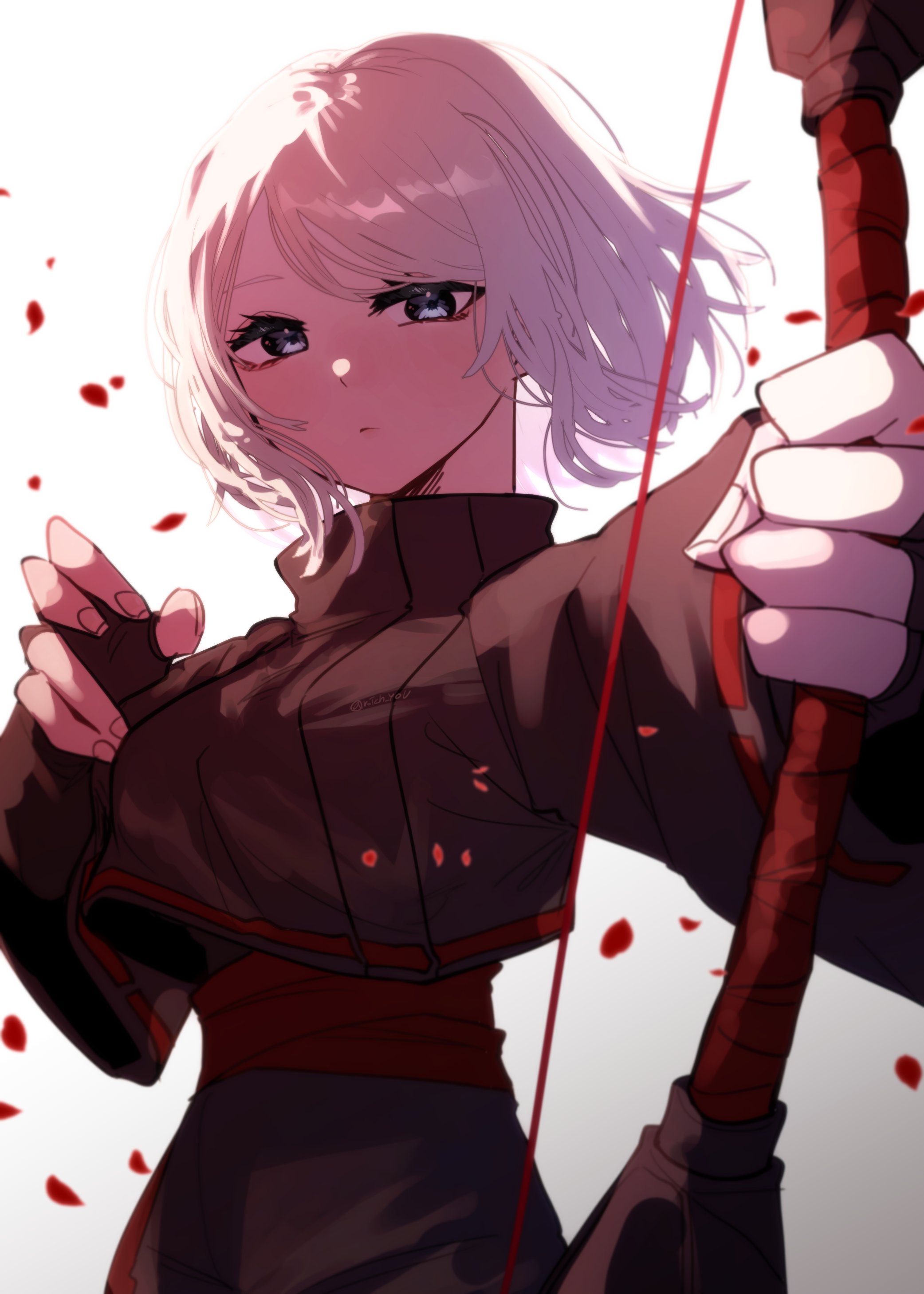 pmchell 04, faust (project moon), limbus company, project moon, absurdres, commentary request, highres, korean commentary, 1girl, blue eyes, bow (weapon), breasts, expressionless, fingernails, holding, holding bow (weapon), holding weapon, long sleeves, looking at viewer, sidelighting, simple background, solo, upper body, weapon, white background, white hair