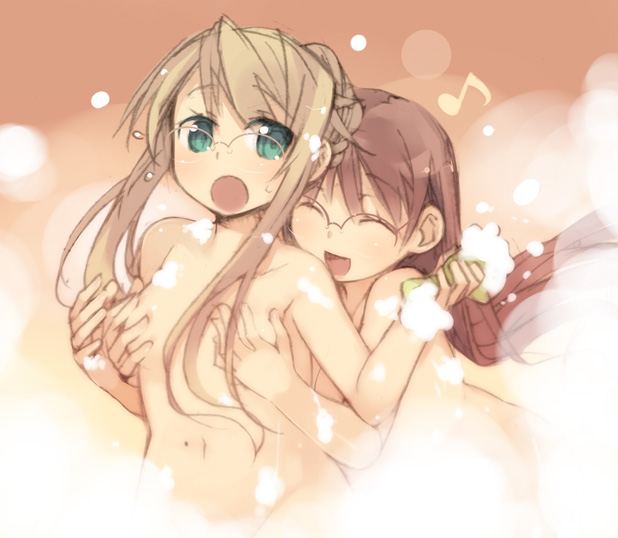 kashiwamochi yomogi, arima senka, arima senne, original, 2girls, bath, breasts, glasses, grabbing another's breast, groping, multiple girls, small breasts, soap