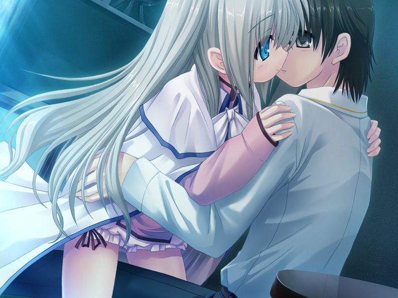 na-ga, naoe riki, noumi kudryavka, little busters!, silver hair, game cg, 1boy, 1girl, age difference, aqua eyes, black hair, blush, cape, grey eyes, hetero, imminent kiss, kiss, long hair, sitting, sitting on lap, sitting on person, thighs, very long hair