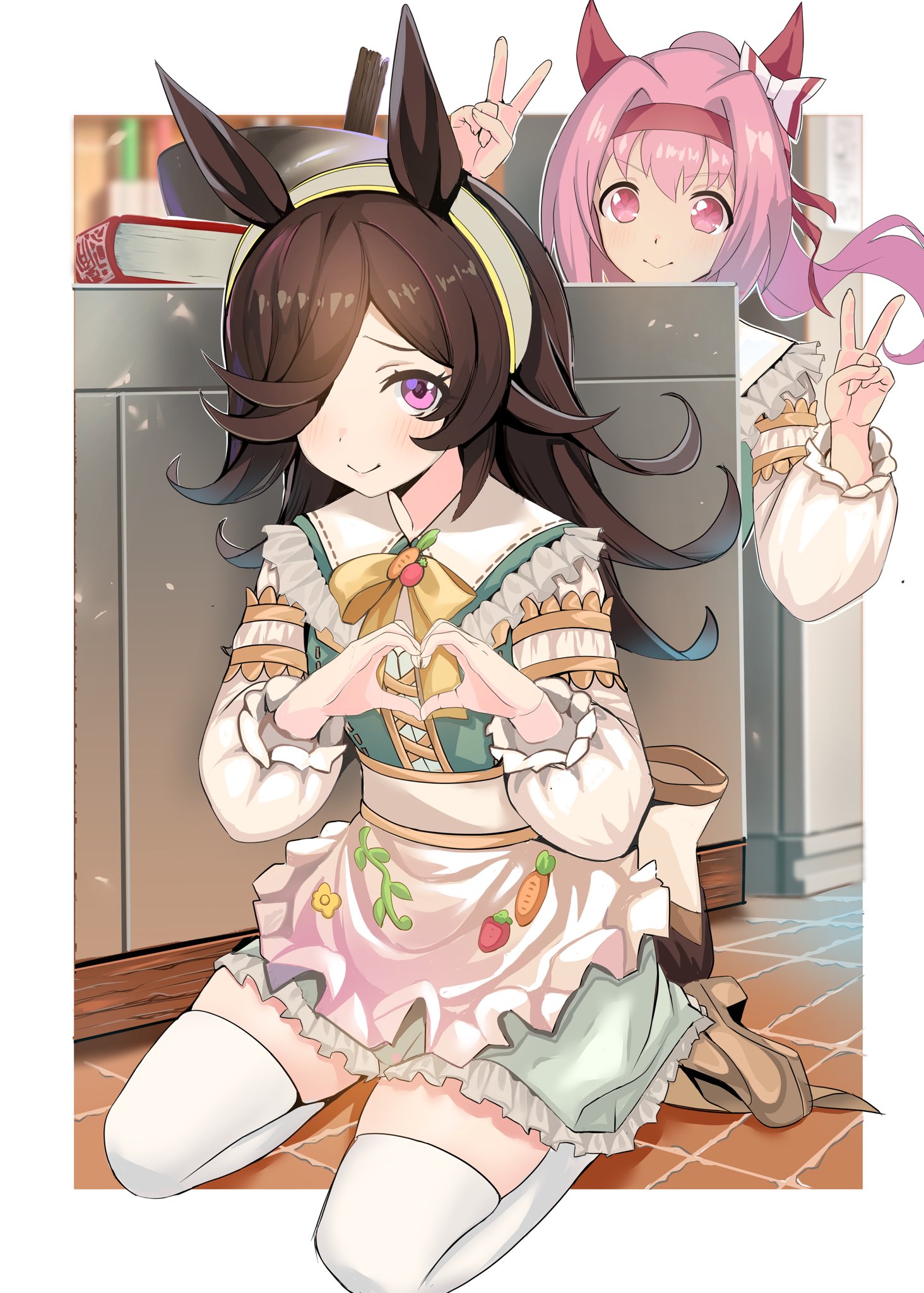 bigboss021, haru urara (umamusume), rice shower (umamusume), rice shower (yummy dreamy fairy) (umamusume), umamusume, highres, 2girls, animal ears, apron, blush, book, bow, brown hair, carrot, closed mouth, double v, ear bow, ear covers, flipped hair, floor, flower-shaped pupils, flower in eye, food, fruit, hair over one eye, hairband, headband, horse ears, horse girl, horse tail, long hair, looking at viewer, multiple girls, on floor, pink eyes, pink hair, pink headband, ponytail, purple eyes, shirt, shoes, skirt, smile, strawberry, symbol-shaped pupils, symbol in eye, tail, thighhighs, v, waist apron, white thighhighs