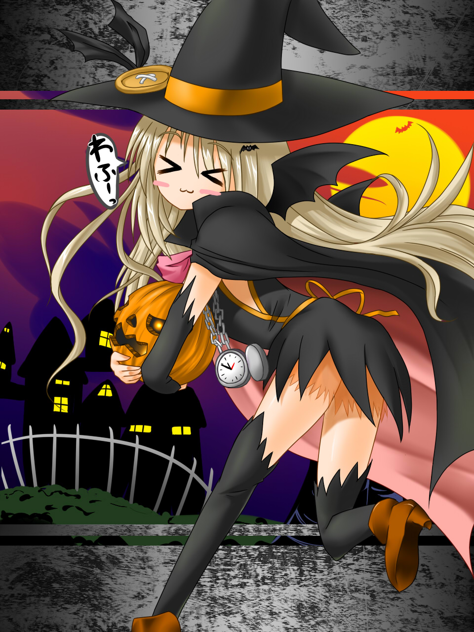chon hi, nakada rumi, noumi kudryavka, little busters!, silver hair, bad id, bad pixiv id, highres, > <, 1girl, :3, blonde hair, blue eyes, blush, blush stickers, buttons, cape, closed eyes, dress, fang, female focus, halloween, hat, jack-o'-lantern, large buttons, long hair, pocket watch, pumpkin, skirt, solo, standing, standing on one leg, thighhighs, watch, witch, x3