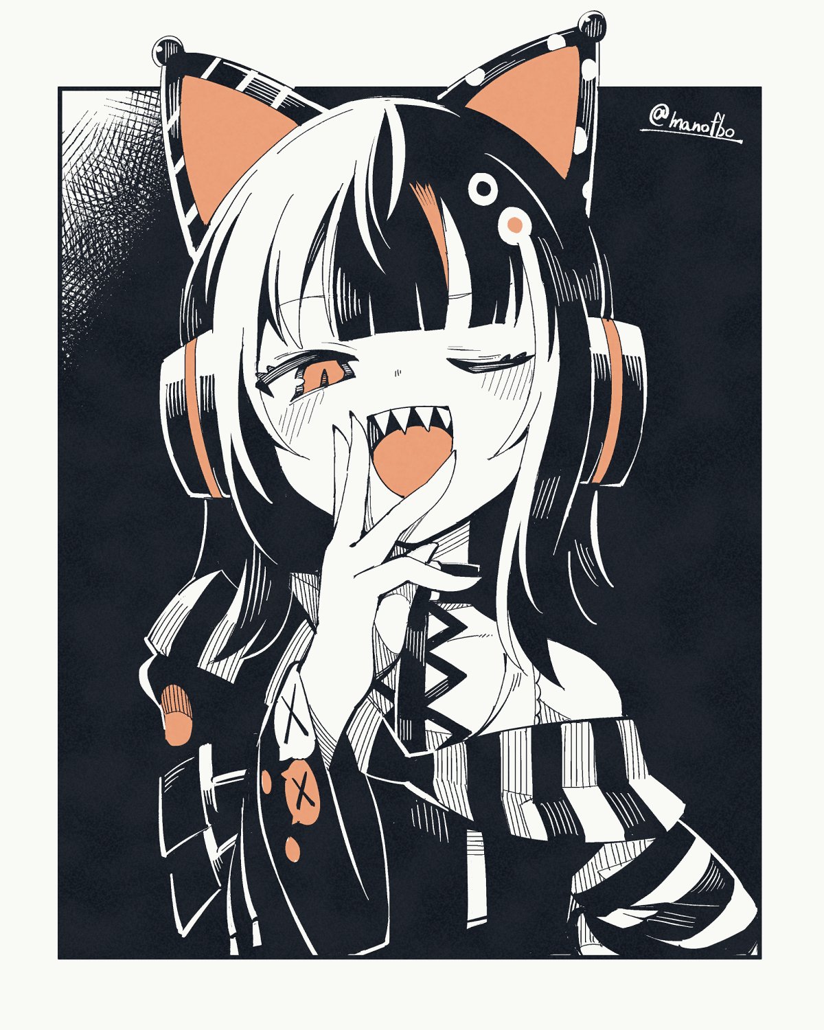 manobo, mahou shoujo no majo saiban, highres, 1girl, animal ear headphones, animal ears, cat ear headphones, cat ears, eyeball hair ornament, fake animal ears, hand to own mouth, headphones, hime cut, looking at viewer, magical girl, one eye closed, open mouth, orange eyes, orange streaks, partially colored, sawatari koko, sharp teeth, single off shoulder, smile, solo, teeth, upper body