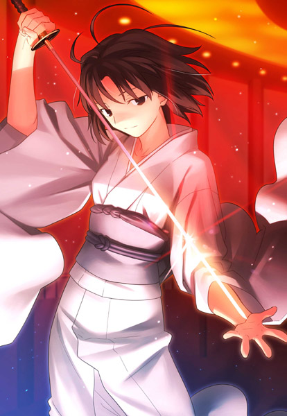 takeuchi takashi, ryougi shiki, kara no kyoukai, non-web source, official art, 1girl, brown eyes, brown hair, female focus, japanese clothes, katana, kimono, obi, sash, solo, sword, weapon