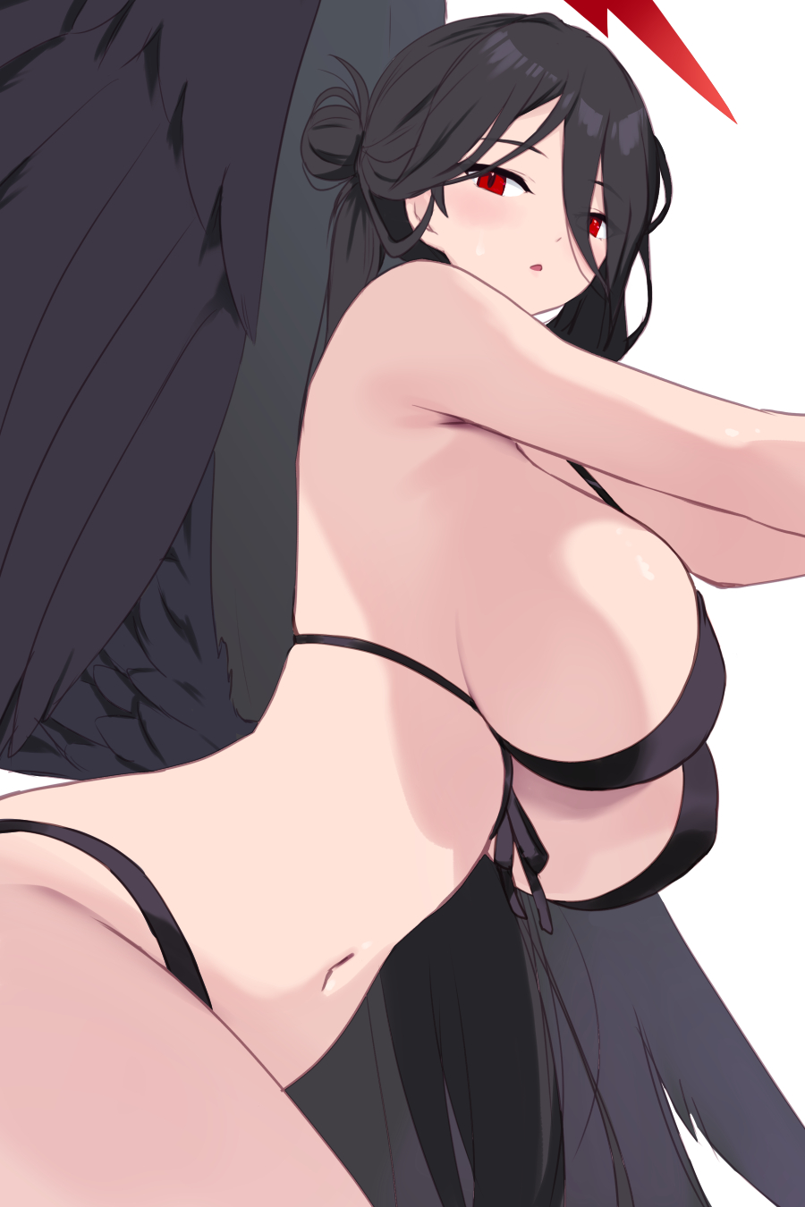 cait aron, hasumi (blue archive), hasumi (swimsuit) (blue archive), blue archive, highres, 1girl, bare shoulders, bikini, black bikini, black hair, black wings, blush, breasts, choker, cleavage, feathered wings, hair between eyes, hair bun, halo, huge breasts, long hair, looking at viewer, navel, open mouth, ponytail, red eyes, sideboob, solo, swimsuit, very long hair, wings