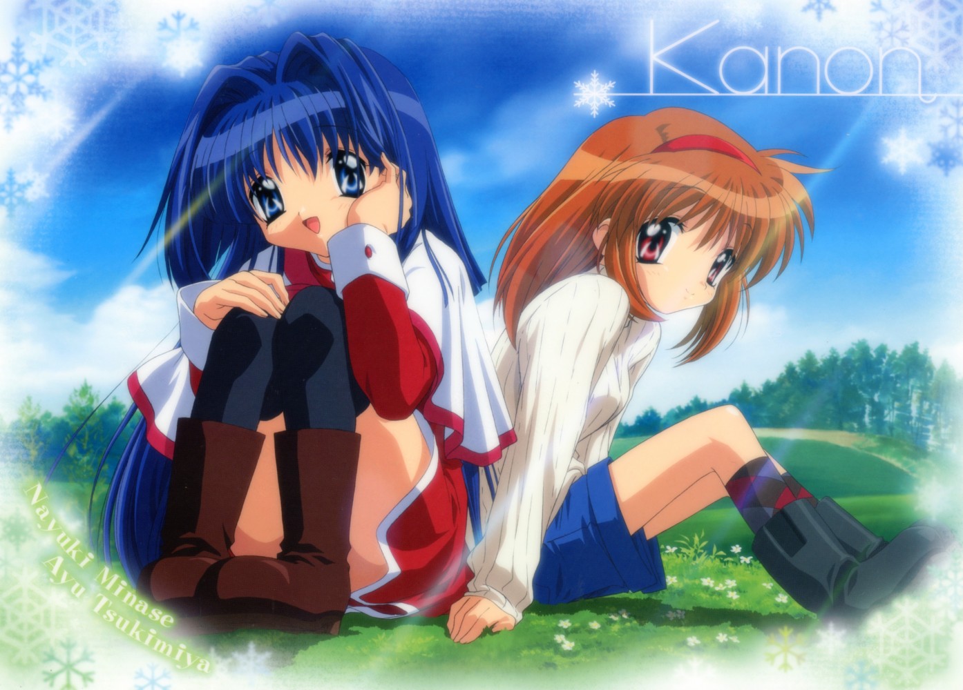 ikeda kazumi, minase nayuki, tsukimiya ayu, kanon, 2girls, blue eyes, blue hair, cloud, day, flower, forest, grass, hairband, happy, long hair, multiple girls, narute, nature, orange hair, red eyes, red skirt, school uniform, short hair, sitting, skirt, sky, smile, thighhighs, very long hair