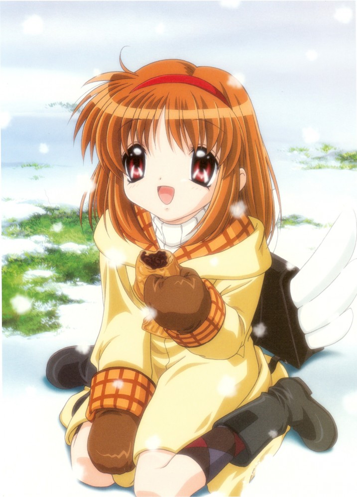 tsukimiya ayu, kanon, bag, food, gloves, grass, hairband, happy, mittens, orange hair, red eyes, ribbon, short hair, sitting, smile, snow, solo, taiyaki, wagashi, wings