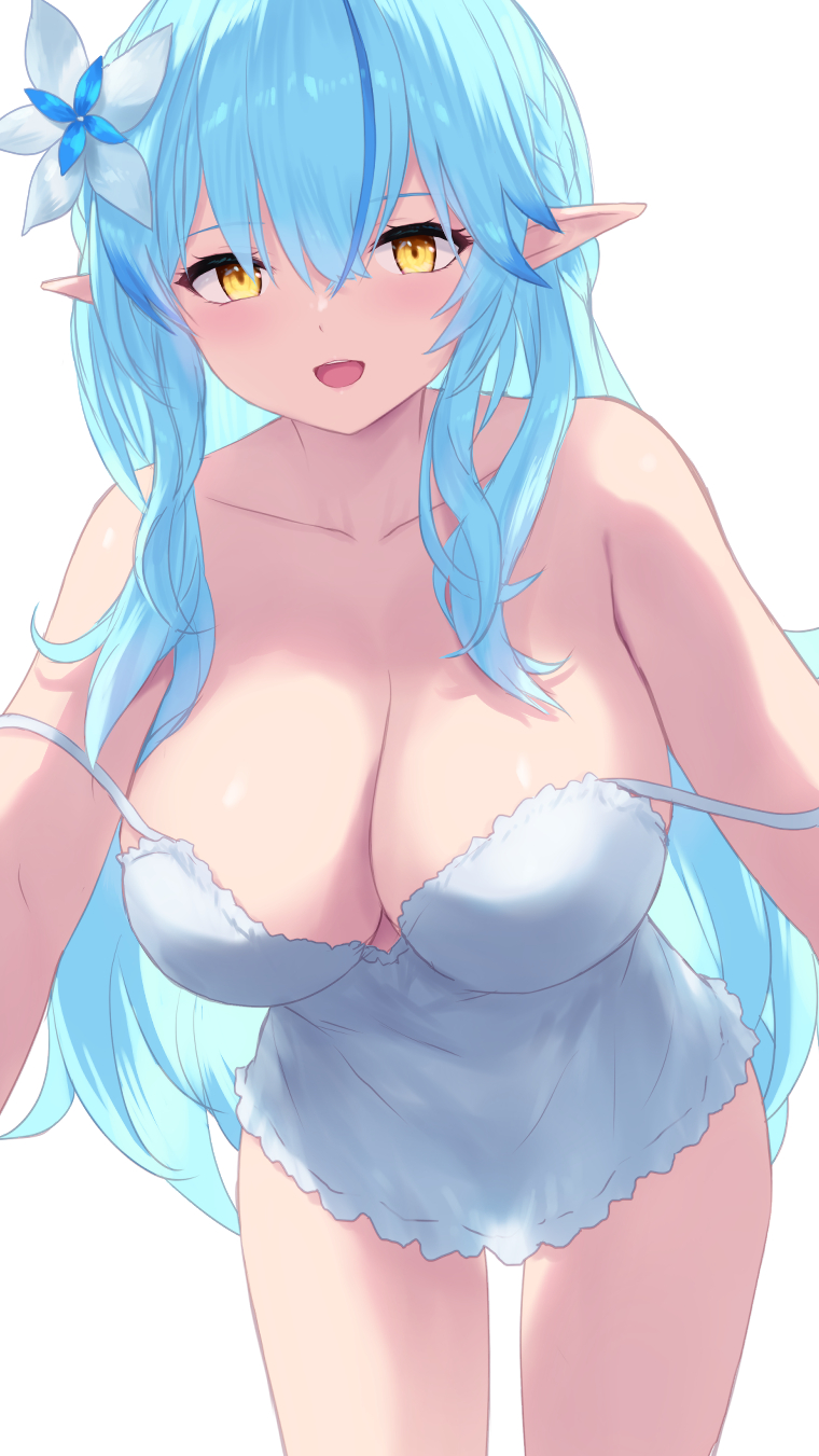 cait aron, yukihana lamy, hololive, highres, 1girl, bare shoulders, blue hair, blush, breasts, camisole, cleavage, elf, flower, hair flower, hair ornament, large breasts, leaning forward, long hair, looking at viewer, multicolored hair, open mouth, pointy ears, smile, solo, streaked hair, virtual youtuber, white camisole, yellow eyes