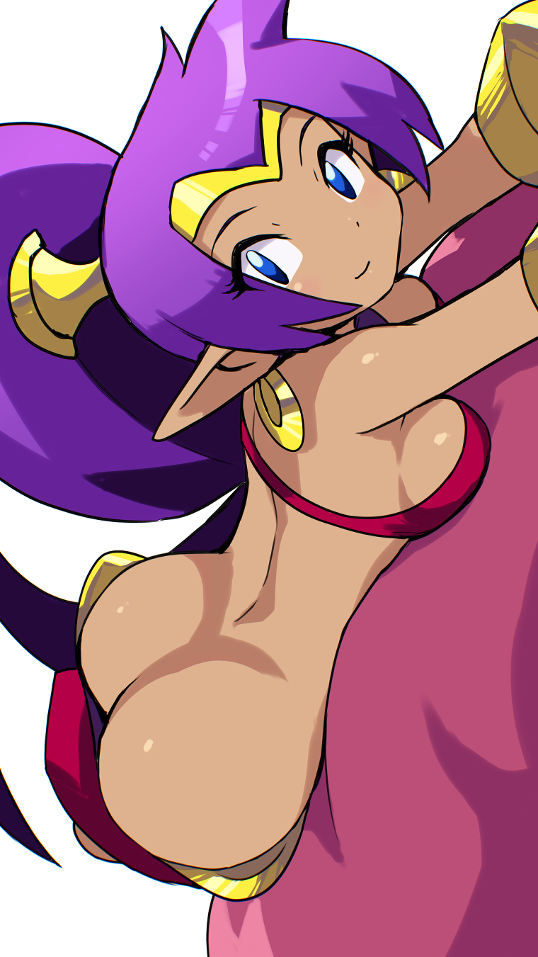 cait aron, shantae, shantae (series), highres, 1girl, ass, bandeau, bare shoulders, blue eyes, bracer, breasts, circlet, cleavage, dark-skinned female, dark skin, earrings, harem pants, hoop earrings, jewelry, long hair, looking at viewer, lying, medium breasts, on stomach, pants, pointy ears, purple hair, smile, solo