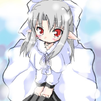 white len (tsukihime), melty blood, tsukihime, type-moon, silver hair, lowres, 00s, 1girl, blush, dress, female focus, half updo, pointy ears, red eyes, ribbon, sad, snow, solo