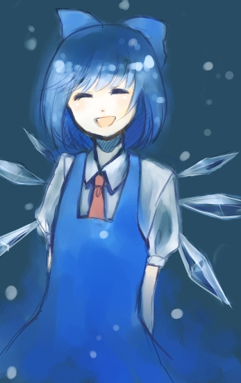 kurasawa moko, cirno, perfect cherry blossom, touhou, bad id, bad pixiv id, 1girl, arms behind back, blue hair, closed eyes, dress, female focus, gradient background, necktie, open mouth, smile, snow, solo, wings