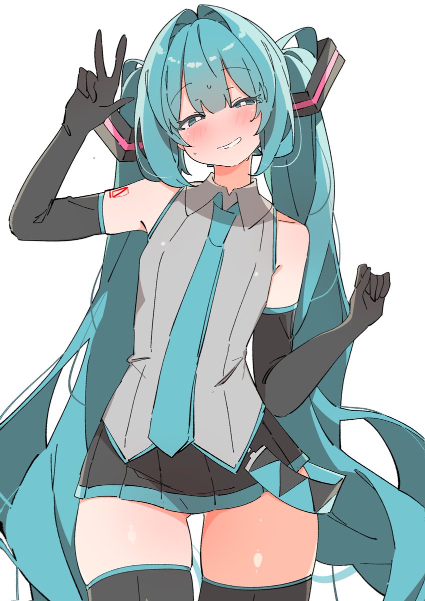 uruti 2388, hatsune miku, vocaloid, hashtag-only commentary, highres, aqua eyes, aqua hair, aqua necktie, blush, breasts, bright pupils, elbow gloves, gloves, gluteal fold, grey shirt, hair between eyes, long hair, looking at viewer, miniskirt, necktie, number tattoo, ribbon, shirt, shoulder tattoo, simple background, skindentation, skirt, small breasts, smile, sweatdrop, tattoo, thick thighs, thighhighs, thighs, twintails, two-tone ribbon, very long hair, white pupils, zettai ryouiki
