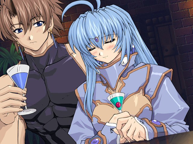 brave soul, mogudan, alicia (brave soul), alicia mcfadden, rudy, rudy (brave soul), game cg, 1boy, 1girl, bare shoulders, blue eyes, blue hair, blush, brown hair, cherry, circlet, closed eyes, drink, earrings, food, fruit, jewelry, long hair, muscular, skin tight, smile