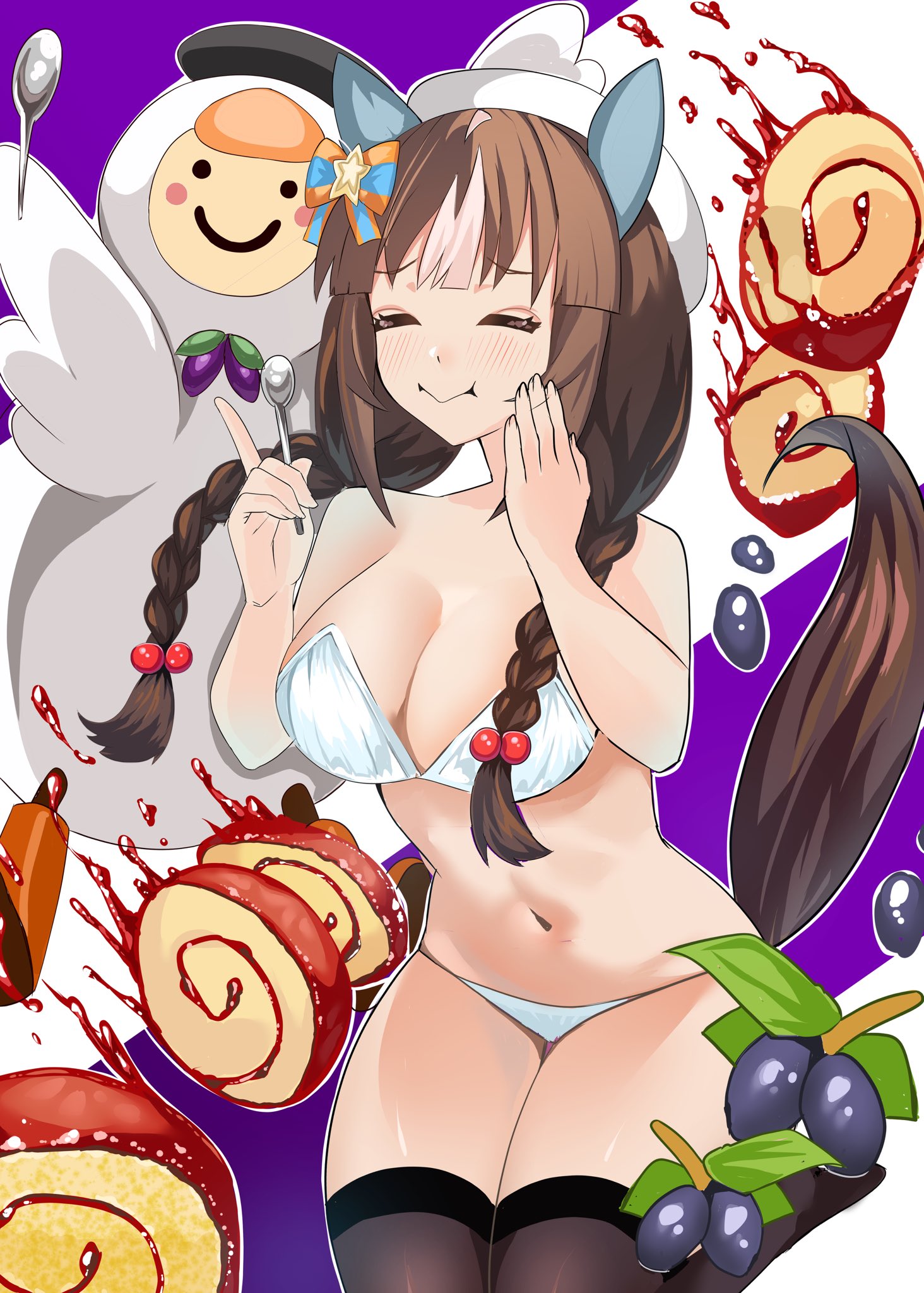 bigboss021, hokko tarumae (umamusume), umamusume, highres, 1girl, animal ears, bare shoulders, bikini, black thighhighs, blush, bow, braid, breasts, brown hair, cleavage, closed eyes, closed mouth, ear covers, food, haskap, hat, holding, holding spoon, horse ears, horse girl, horse tail, large breasts, long braid, long hair, multicolored hair, navel, smile, spoon, stomach, striped bow, swimsuit, tail, thighhighs, tomachop, twin braids, white bikini, white hair, white hat, yoitomake (food)