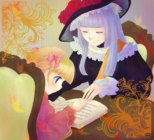 uta (semimaru), beatrice (umineko), virgilia (umineko), umineko no naku koro ni, silver hair, lowres, 00s, 2girls, aged down, blonde hair, blue eyes, book, bow, child, closed eyes, hime cut, multiple girls, pink bow, sash, smile