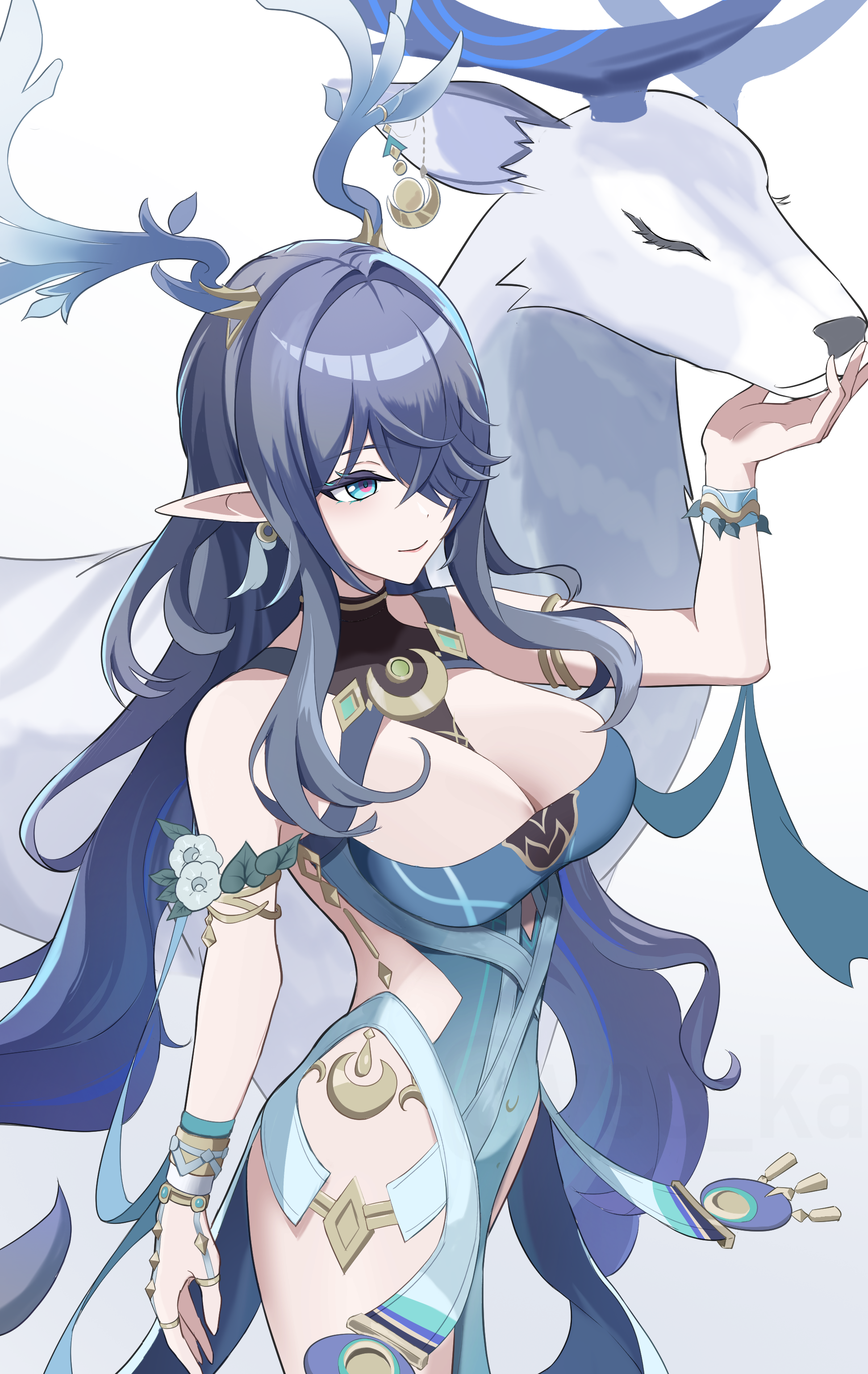 vec ka, lauma (genshin impact), genshin impact, absurdres, commentary, highres, 1girl, antlers, aqua eyes, armlet, bare shoulders, blue dress, breasts, cleavage, closed mouth, deer, deer antlers, dress, hair over one eye, hand up, horns, jewelry, large breasts, long hair, looking at animal, pointy ears, purple hair, simple background, smile, solo, very long hair, white background