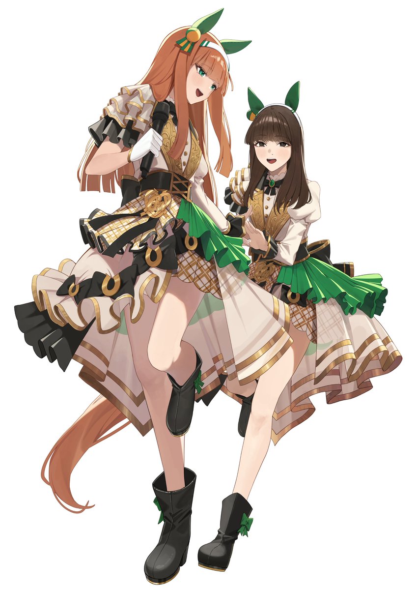 kouno marika, ningen gokko, silence suzuka (umamusume), umamusume, highres, 2girls, animal ears, black boots, black bow, black corset, black eyes, blunt bangs, blush, boots, bow, brown hair, corset, ear covers, gloves, holding, holding microphone, horse ears, horse girl, horse tail, jacket, long hair, looking at another, microphone, multiple girls, open mouth, orange hair, shirt, sidelocks, skirt, tail, voice actor, voice actor connection, white gloves, white jacket, white shirt, white skirt