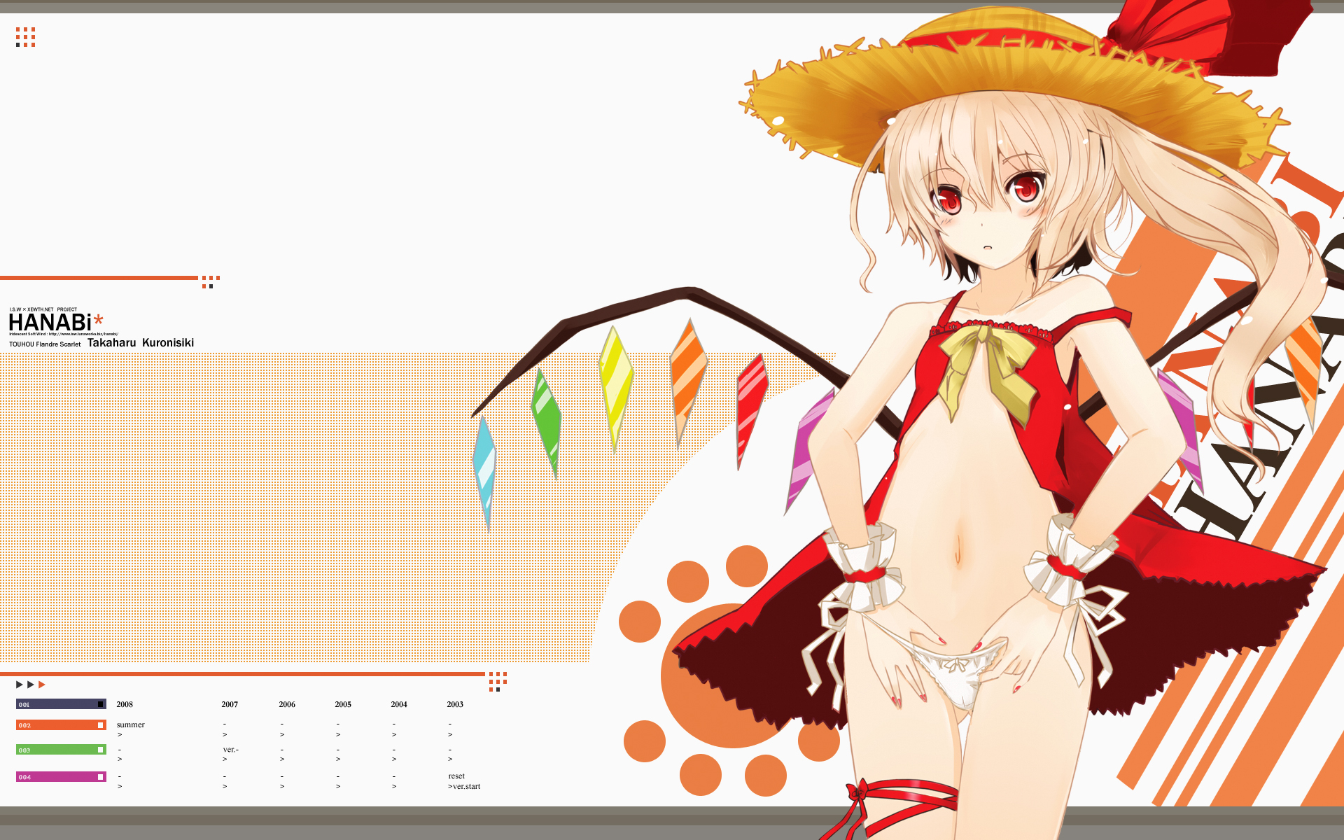 takaharu, flandre scarlet, touhou, highres, 1girl, camisole, female focus, flat chest, hat, loli, midriff, nail polish, open clothes, open shirt, panties, red eyes, red nails, ribbon, shirt, side-tie panties, solo, straw hat, underwear