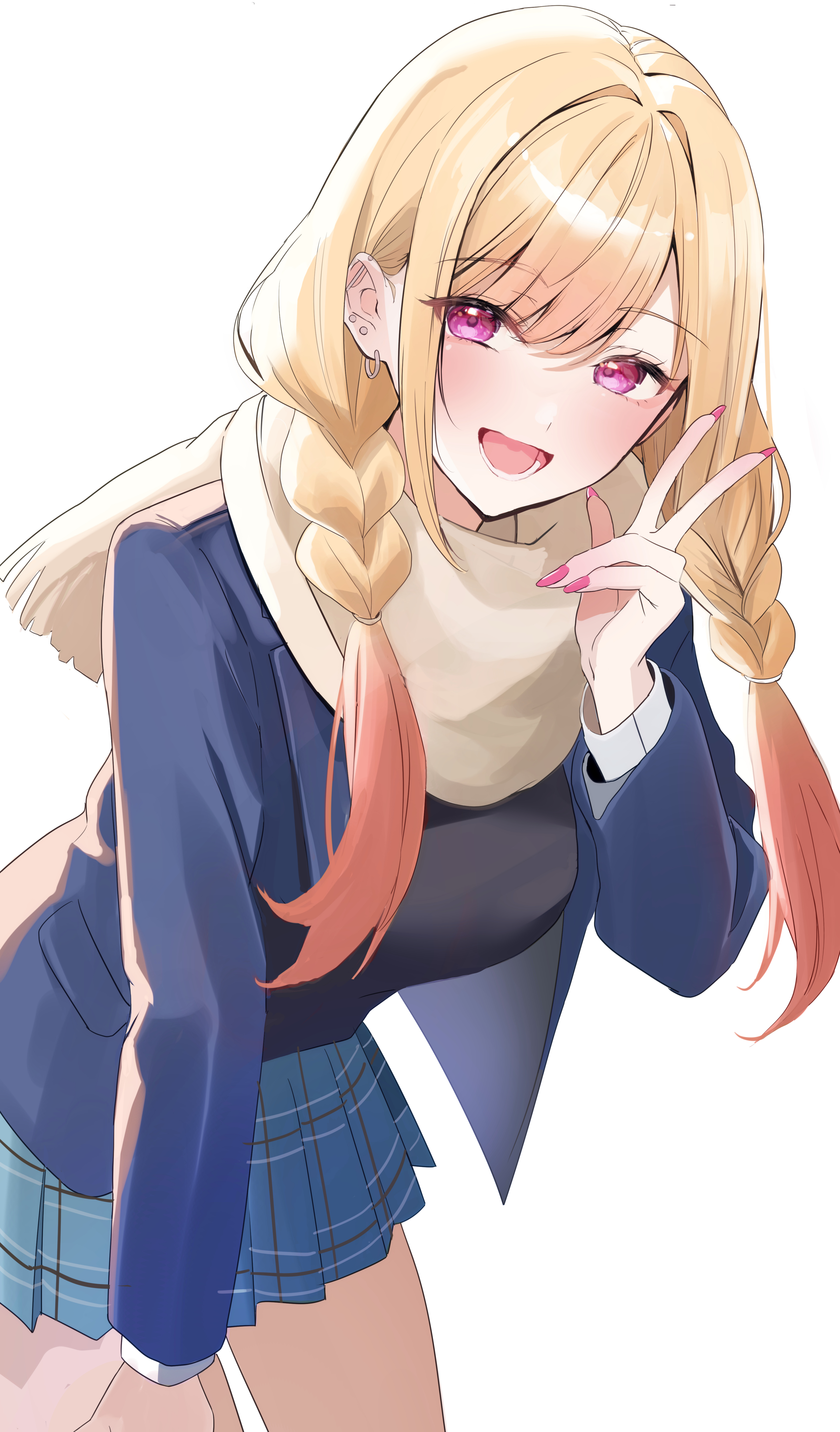 nakano kura, kitagawa marin, sono bisque doll wa koi wo suru, absurdres, highres, 1girl, black vest, blonde hair, blue jacket, blue skirt, blush, braid, gradient hair, jacket, long hair, long sleeves, looking at viewer, multicolored hair, nail polish, open mouth, pink eyes, pink hair, pink nails, scarf, school uniform, simple background, skirt, smile, solo, twin braids, vest, white background