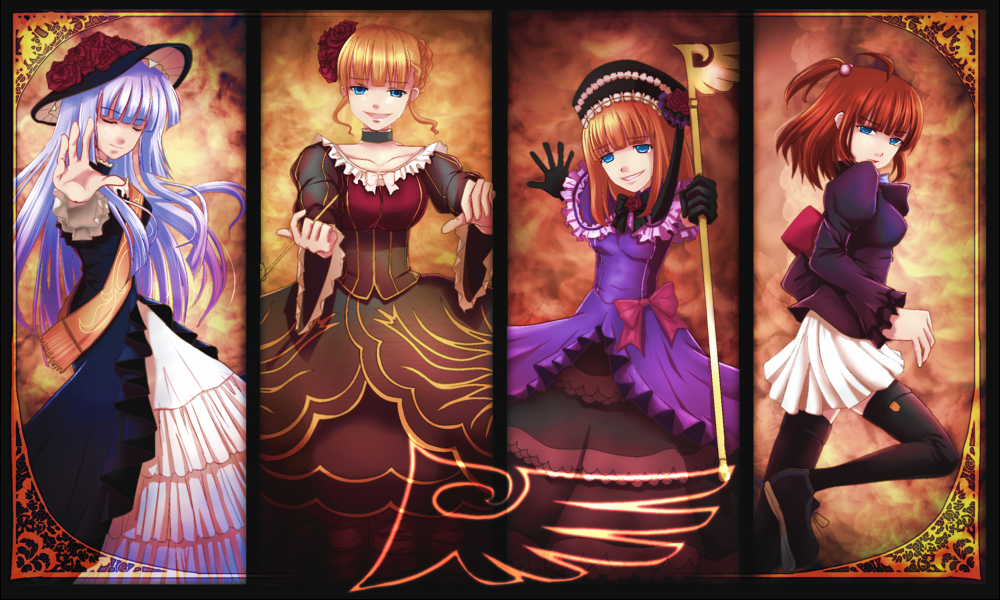 cyanide (pixiv), beatrice (umineko), eva beatrice, ushiromiya ange, virgilia (umineko), umineko no naku koro ni, silver hair, 00s, 4girls, armband, blonde hair, blue eyes, blunt bangs, bow, child, closed eyes, dress, flower, formal clothes, frills, gloves, hair bobbles, hair ornament, hat, hime cut, holding, holding smoking pipe, kiseru, long hair, multiple girls, orange hair, pink bow, red hair, smile, smoking pipe, staff, thighhighs, zettai ryouiki