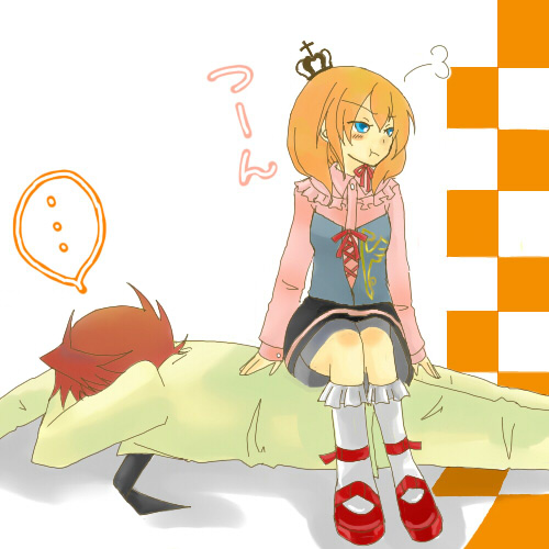 sorako, ushiromiya battler, ushiromiya maria, umineko no naku koro ni, lowres, …, 00s, 1boy, 1girl, blush, child, cousins, crown, dress, formal clothes, orange hair, pout, red hair, sitting, sitting on person, suit