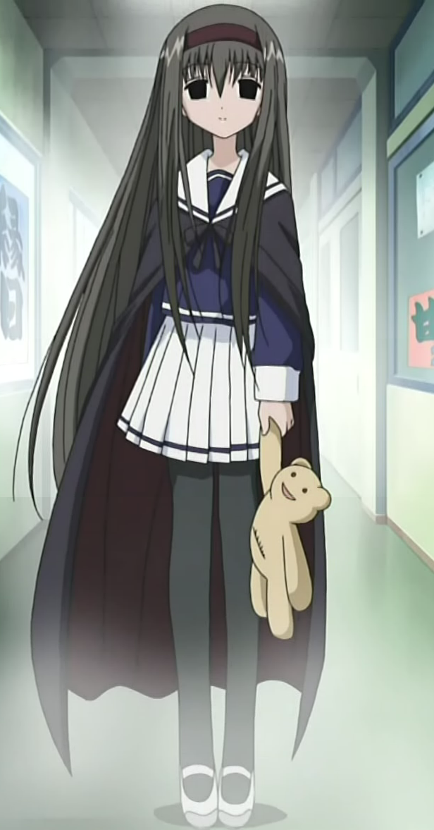 buchou, mahoraba, 00s, black hair, cape, empty eyes, hairband, headband, long hair, mary janes, pantyhose, sailor, school uniform, serafuku, shoes, skirt, solo, stuffed animal, stuffed toy, teddy bear, very long hair