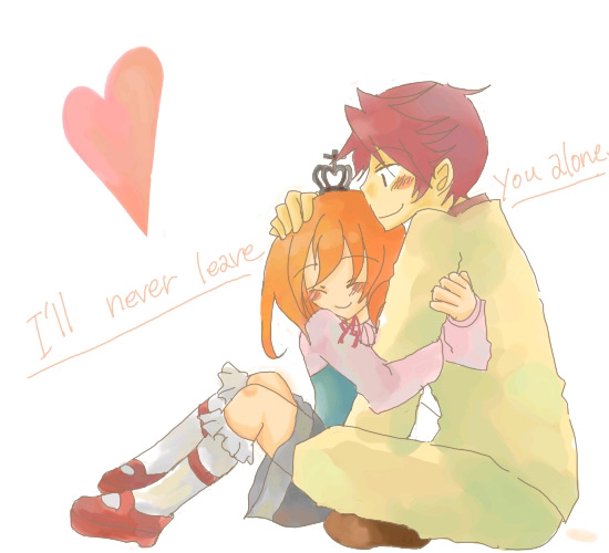 sorako, ushiromiya battler, ushiromiya maria, umineko no naku koro ni, 00s, 1boy, 1girl, blush, cousins, crown, dress, english text, heart, hetero, hug, mary janes, orange hair, red hair, shoes, smile
