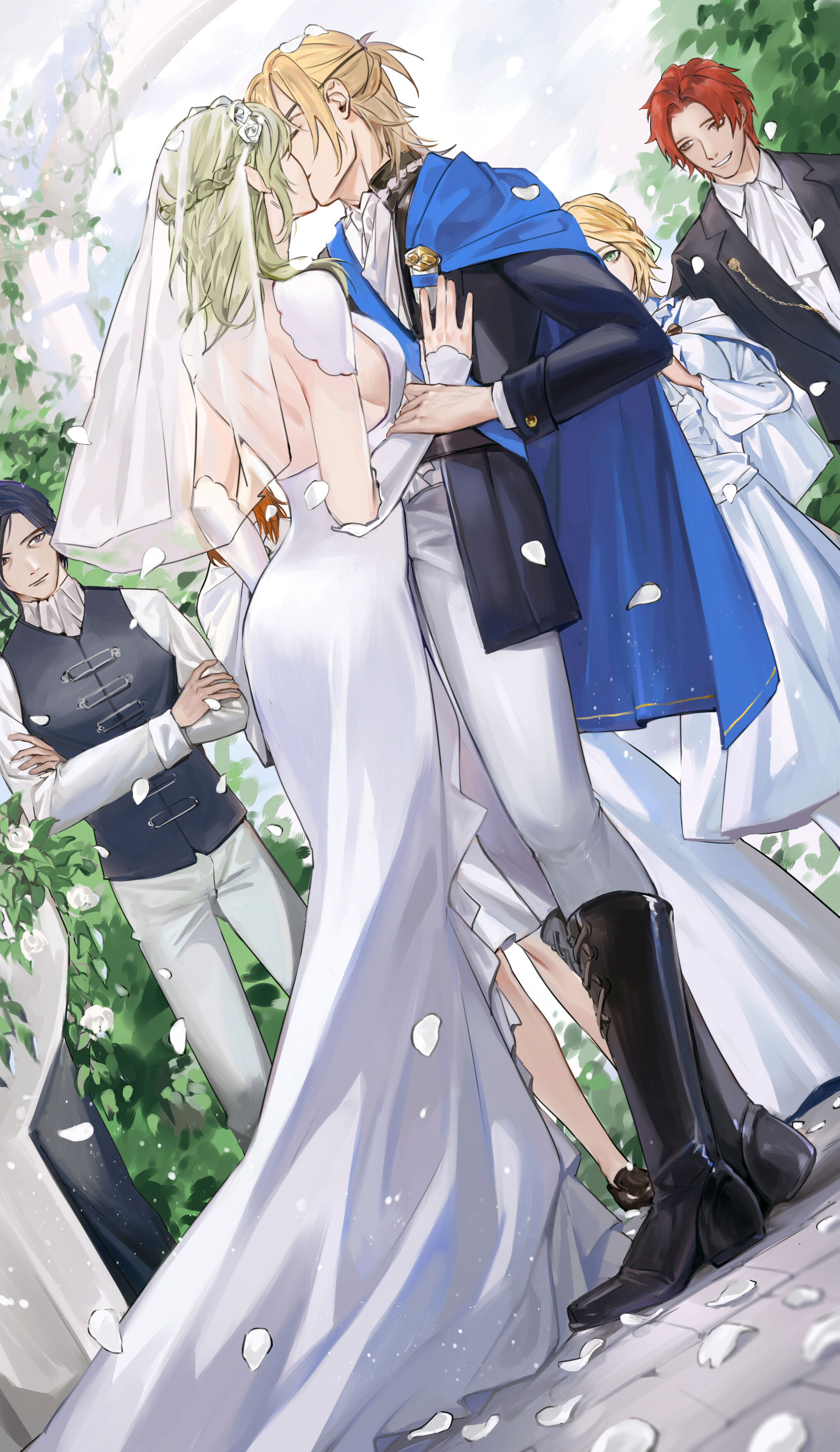 owl taro, dimitri alexandre blaiddyd, dimitri alexandre blaiddyd (timeskip), felix hugo fraldarius, felix hugo fraldarius (timeskip), female byleth (awakened) (fire emblem), female byleth (fire emblem), ingrid brandl galatea, ingrid brandl galatea (timeskip), sylvain jose gautier, sylvain jose gautier (timeskip), fire emblem, fire emblem: three houses, nintendo, absurdres, commentary request, highres, 2girls, 3boys, alternate costume, ascot, ass, backless dress, backless outfit, black boots, black hair, black jacket, black suit, black vest, blonde hair, blue cape, boots, braid, breasts, bride, cape, closed eyes, collared shirt, couple, crossed arms, dress, dutch angle, facing another, falling petals, formal clothes, green eyes, green hair, groom, hetero, husband and wife, jacket, kiss, knee boots, long sleeves, looking at another, medium breasts, medium hair, multiple boys, multiple girls, open clothes, open jacket, orange hair, outdoors, pants, petals, shirt, sideboob, smile, standing, suit, veil, vest, wedding, wedding dress, white ascot, white pants, white petals, white shirt
