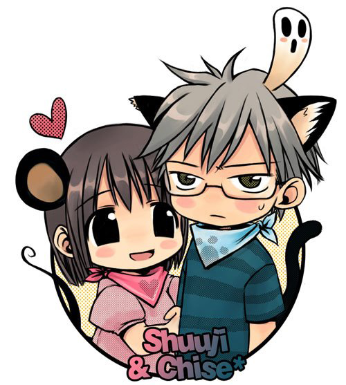 chise, chise (saishuu heiki kanojo), shuuji (saishuu heiki kanojo), saishuu heiki kanojo, silver hair, 00s, 1boy, 1girl, angry, animal ears, bandana, blush, brown hair, cat boy, cat ears, cat tail, chibi, couple, ghost, happy, heart, hetero, mouse ears, mouse tail, mousegirl, short hair, smile, sweatdrop, tail, yellow eyes