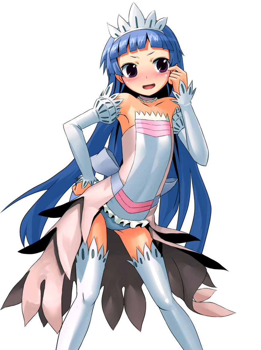 patorishia, nagi, ichijinsha, kannagi, 00s, 1girl, blue hair, blunt bangs, blush, detached sleeves, female focus, frills, purple eyes, solo, thighhighs, tiara