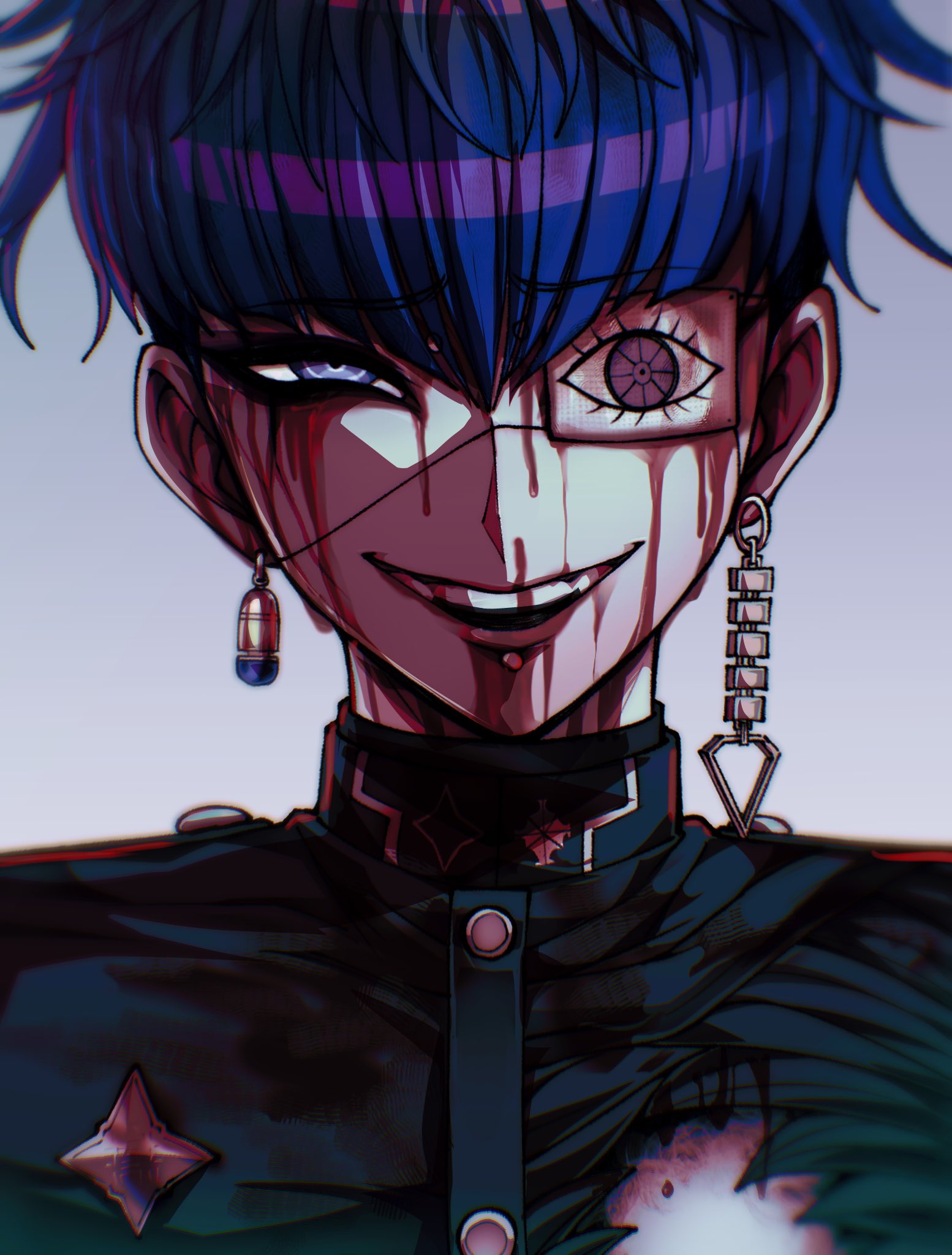 omokage yugamu, the hundred line -last defense academy-, commentary request, highres, 1boy, black jacket, blood, blood on face, blue hair, chamuchai, earrings, evil grin, evil smile, eye print, eyepatch, face piercing, gakuran, grey background, grin, jacket, jewelry, labret piercing, last defense academy school uniform, looking at viewer, male focus, piercing, print eyepatch, school uniform, short hair, simple background, smile, solo