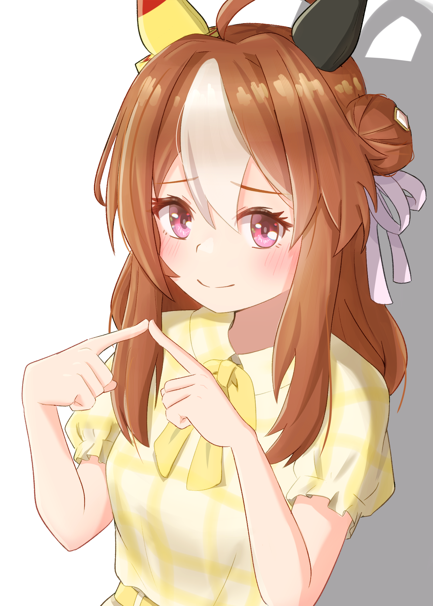 copano rickey (umamusume), umamusume, highres, 1girl, ahoge, animal ears, blush, bow, breasts, brown hair, closed mouth, copano rickey (casual) (umamusume), dress, ear covers, hair between eyes, hair bun, hair ornament, horse ears, horse girl, koshiba taiyaki, long hair, looking at viewer, multicolored hair, purple eyes, shadow, short sleeves, simple background, smile, solo, streaked hair, upper body, white background, white hair, yellow bow, yellow dress