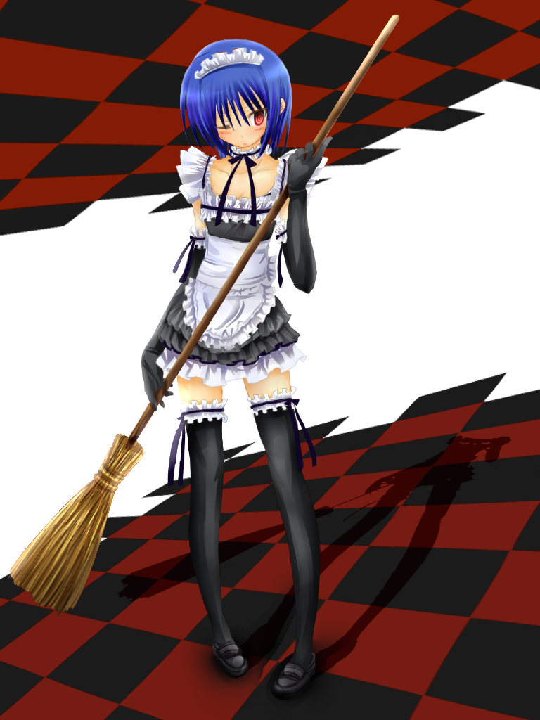 sato toshiya, toshiya, nishizono mio, little busters!, bad id, bad pixiv id, apron, blue hair, blush, broom, gloves, lingerie, maid, maid apron, one eye closed, red eyes, ribbon, short hair, skirt, solo, thighhighs, underwear, wink