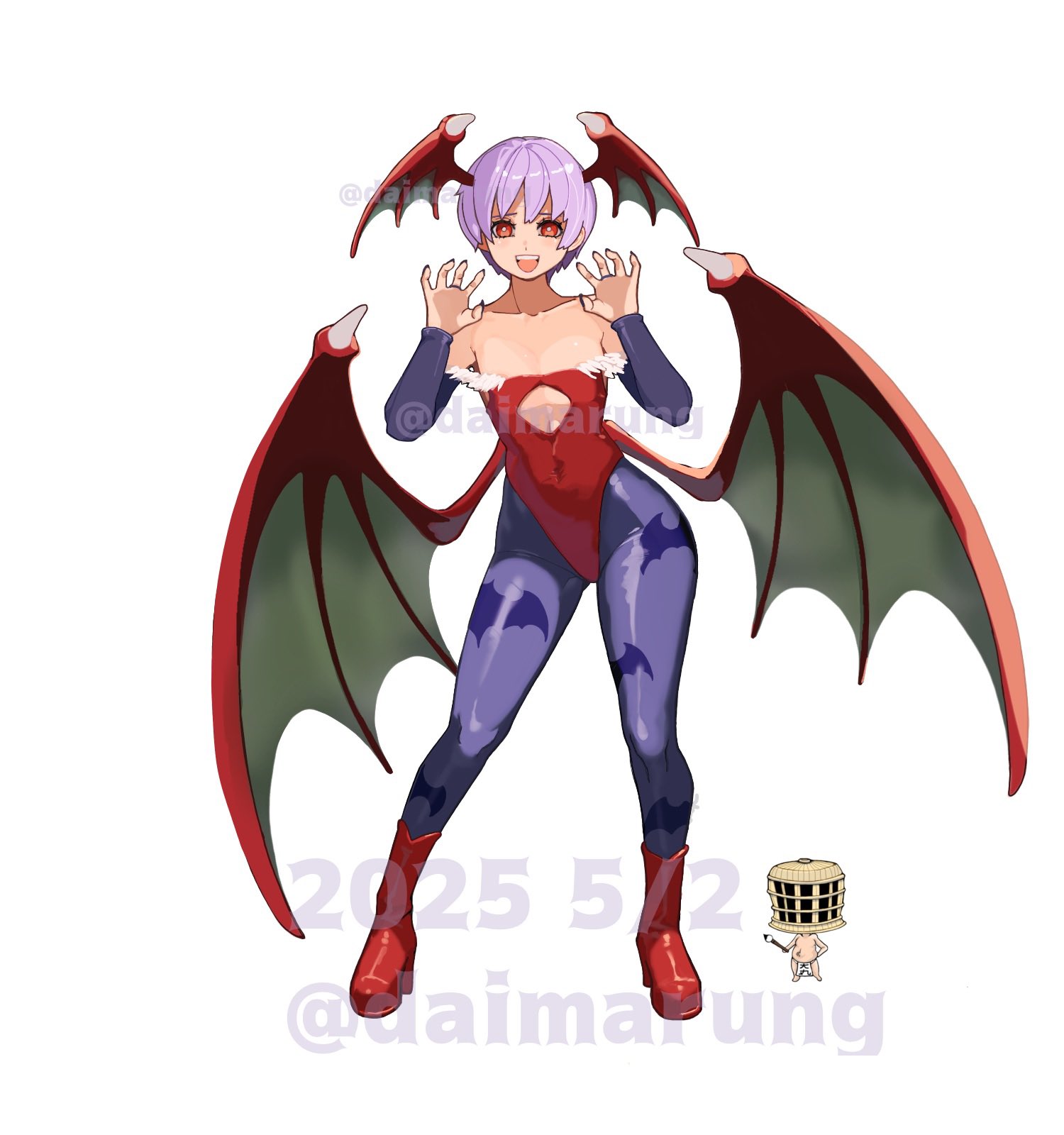 daimaru (s29y2c), lilith (darkstalkers), darkstalkers, commentary, highres, symbol-only commentary, 1girl, animal print, bare shoulders, bat print, bat wings, blue pupils, boots, bridal gauntlets, bright pupils, claw pose, cleavage cutout, clothing cutout, dated, demon girl, fingernails, flat chest, full body, hair between eyes, head wings, highleg, leotard, long fingernails, looking at viewer, low wings, pantyhose, print pantyhose, purple hair, red boots, red eyes, red leotard, short hair, simple background, smile, solo, standing, strapless, strapless leotard, teeth, twitter username, upper teeth only, watermark, white background, white pupils, wings
